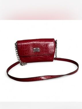 Liz Claiborne Red Croc-Embossed Leather Crossbody Bag with Chain Strap